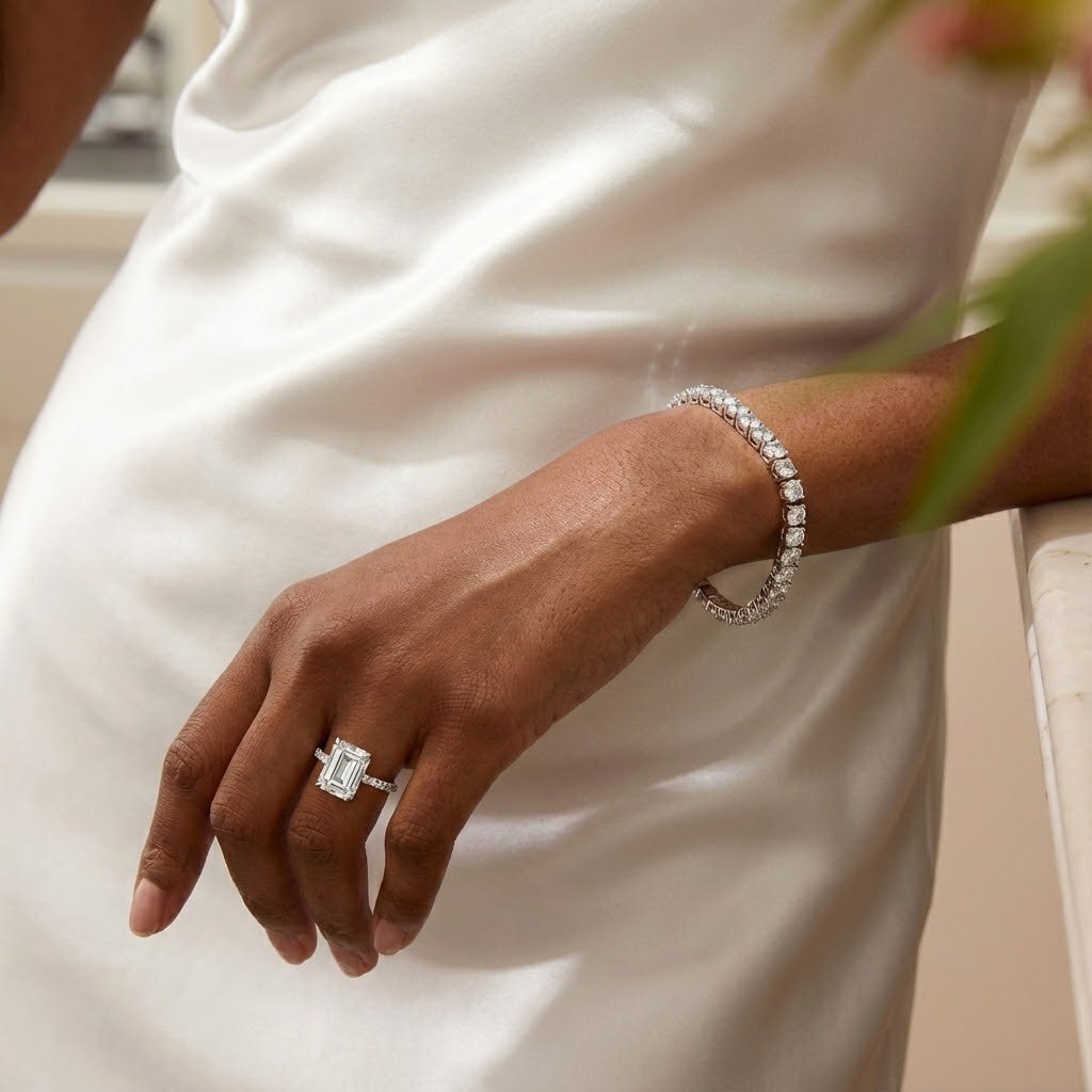 Confident woman wearing Timeless Trove Moissanite Ring